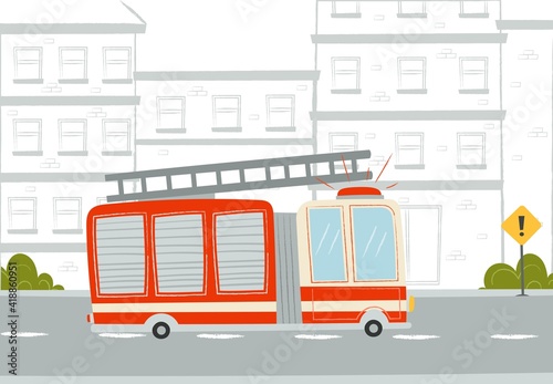 Cartoon fire truck on road. Street in the city. Cute texture hand draw illustration. Vector 