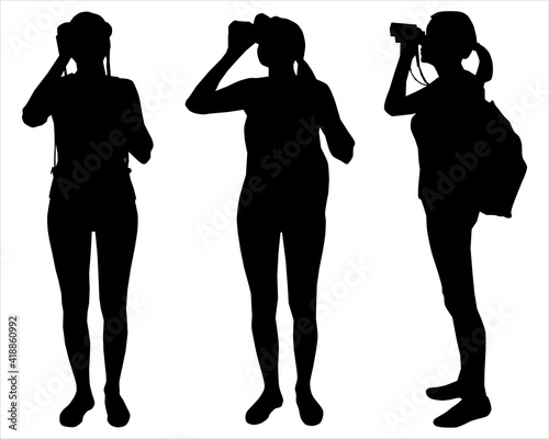 Set of three black silhouettes - girl, woman. Climber with a backpack on a back standing and looking through binoculars. Tourist, rock-climber with binoculars in hands. Side view, profile, full face.