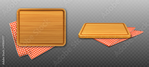 Fototapeta Naklejka Na Ścianę i Meble -  Wooden cutting board and red plaid tablecloth isolated on transparent background. Vector realistic set of 3d rectangle wood plank for cut food and folded table cloth with gingham pattern