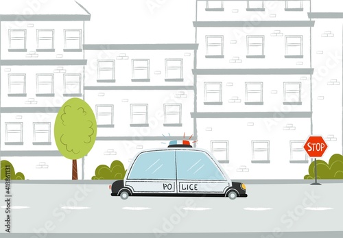 Cartoon police on road. Street in the city. Cute texture hand draw illustration. Vector 