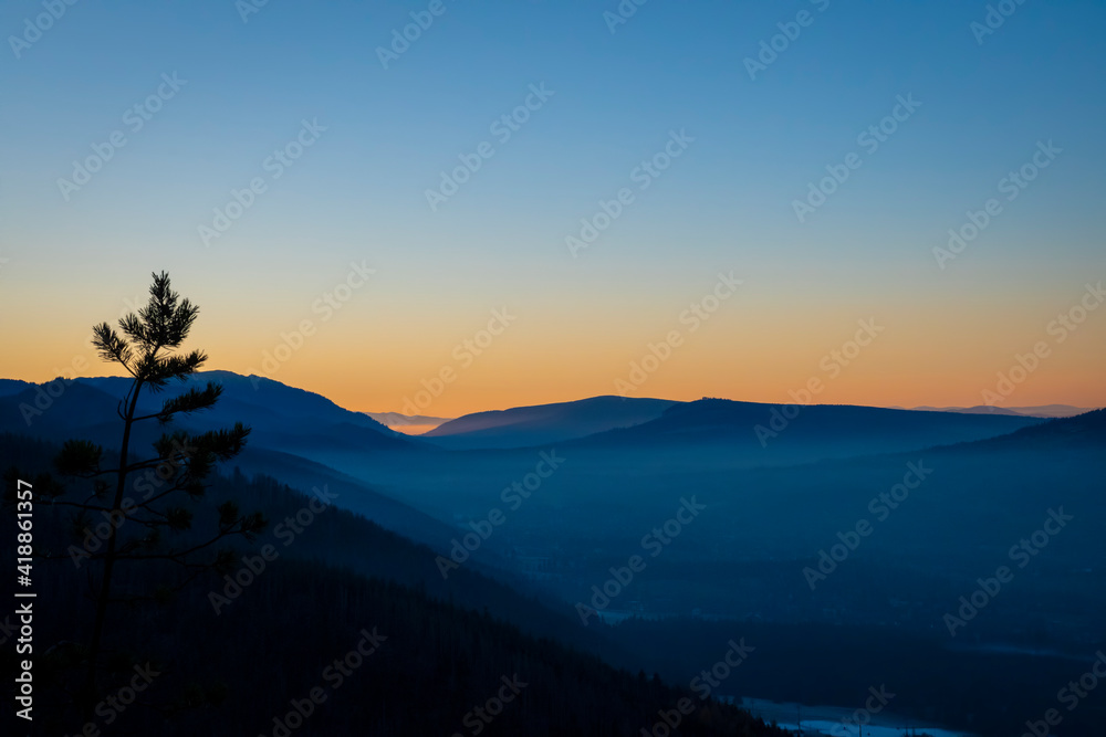Orange skyline over the ridges of the hills in Podhale region, Poland. A lonely small pine tree is growing on a rock. Selective focus on the silhouette, blurred background.
