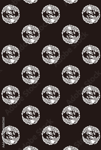 平安有職文様_鴛鴦丸（えんおうのまる）_壁紙・白黒