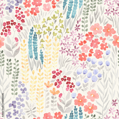 Meadow with flowers, floral seamless pattern of watercolor colorful wildflowers on ivory background, abstract ornament. photo