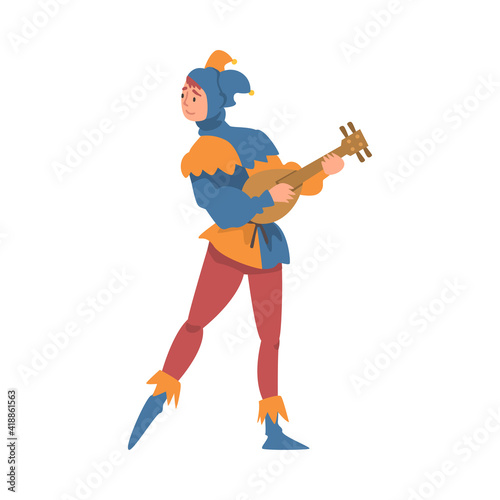 Medieval Jester Character in Bright Clownish Clothing and Bell Hat Playing Lute Vector Illustration