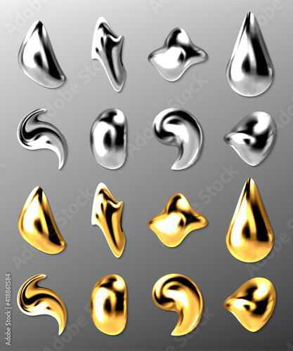 Liquid gold or silver drops, 3d abstract mercury and golden metal drips, paint, cosmetics oil, collagen capsules of different shapes, metallic texture isolated on grey background, Realistic vector set
