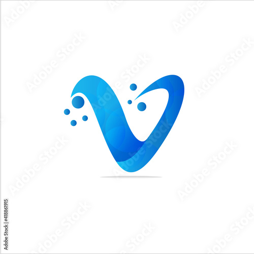V Letter Logo Design Template with Blue Colors and Dots