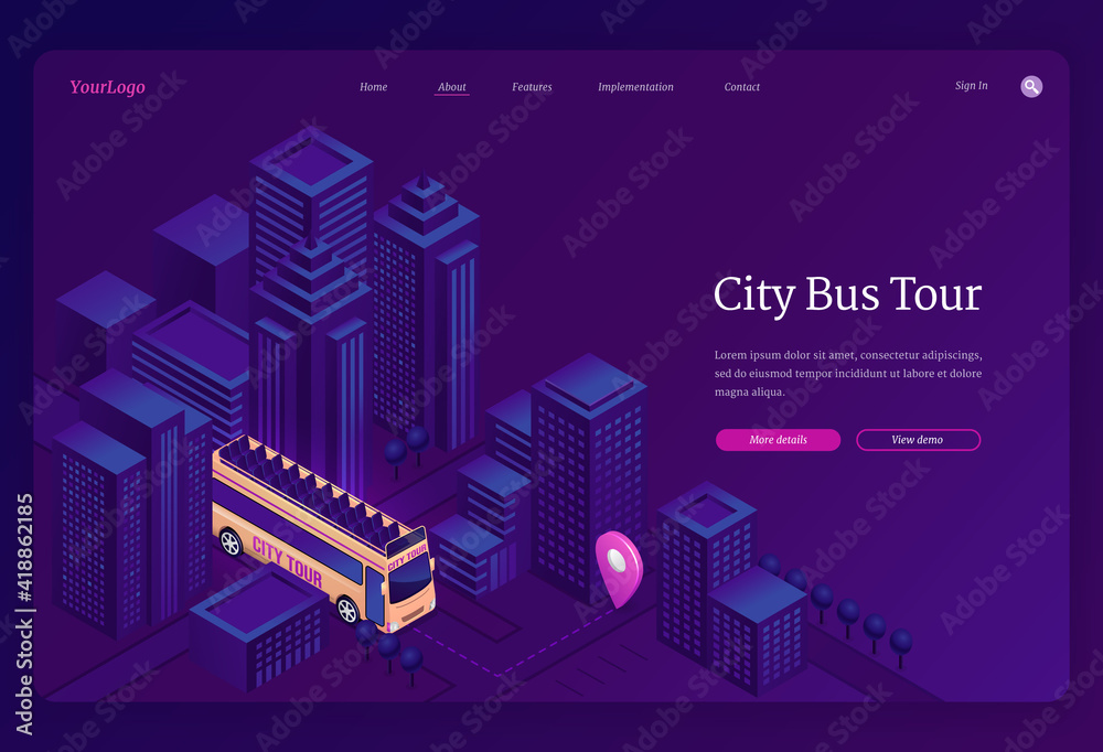 City bus tour isometric landing page. Modern double decker with seats on roof riding route in cityscape with skyscraper buildings and navigation road pin, tourism travel concept, 3d vector web banner