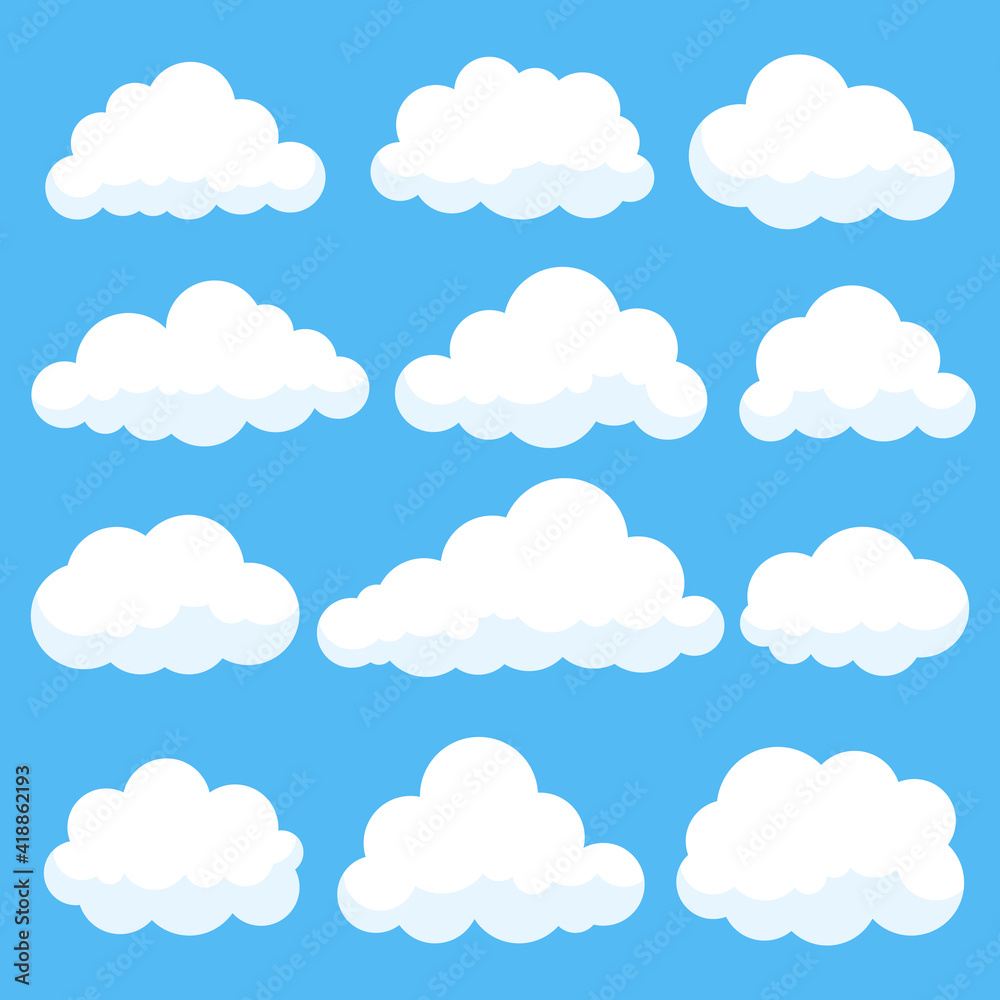 Cartoon clouds isolated on blue sky panorama collection. Cloudscape in blue sky, white cloud illustration