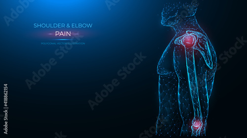 Polygonal vector illustration of pain and inflammation of the shoulder and elbow joint on a dark blue background. A man with a sore shoulder and elbow.
