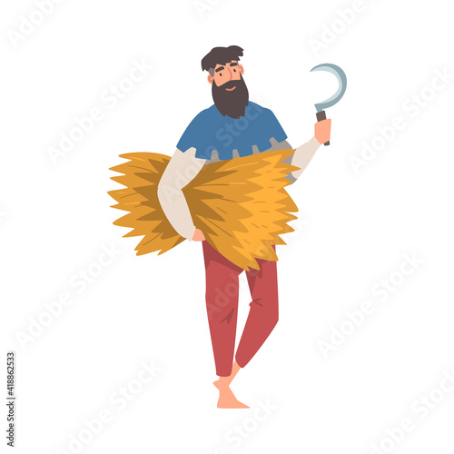 Bearded Medieval Male Peasant Carrying Hay and Rake Vector Illustration