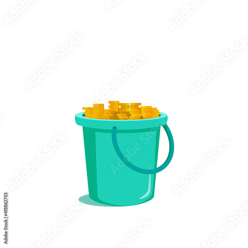 Blue bucket full of gold coins. Isolated on a white background