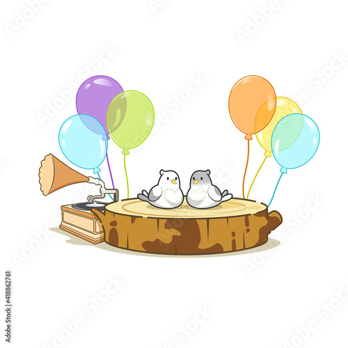 Big wooden log with a pair of pigeon, bunch of balloons and gramophone