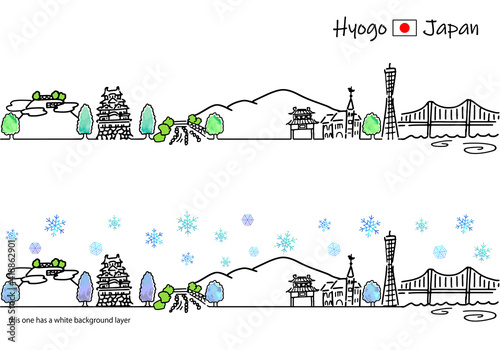 冬の兵庫の街並みのシンプル線画セット