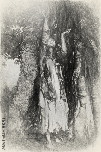 beautiful shamanic girl in the nature, old photo effect.