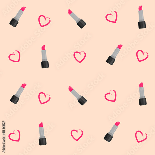 Vector fashion pattern with lipstick and hearts