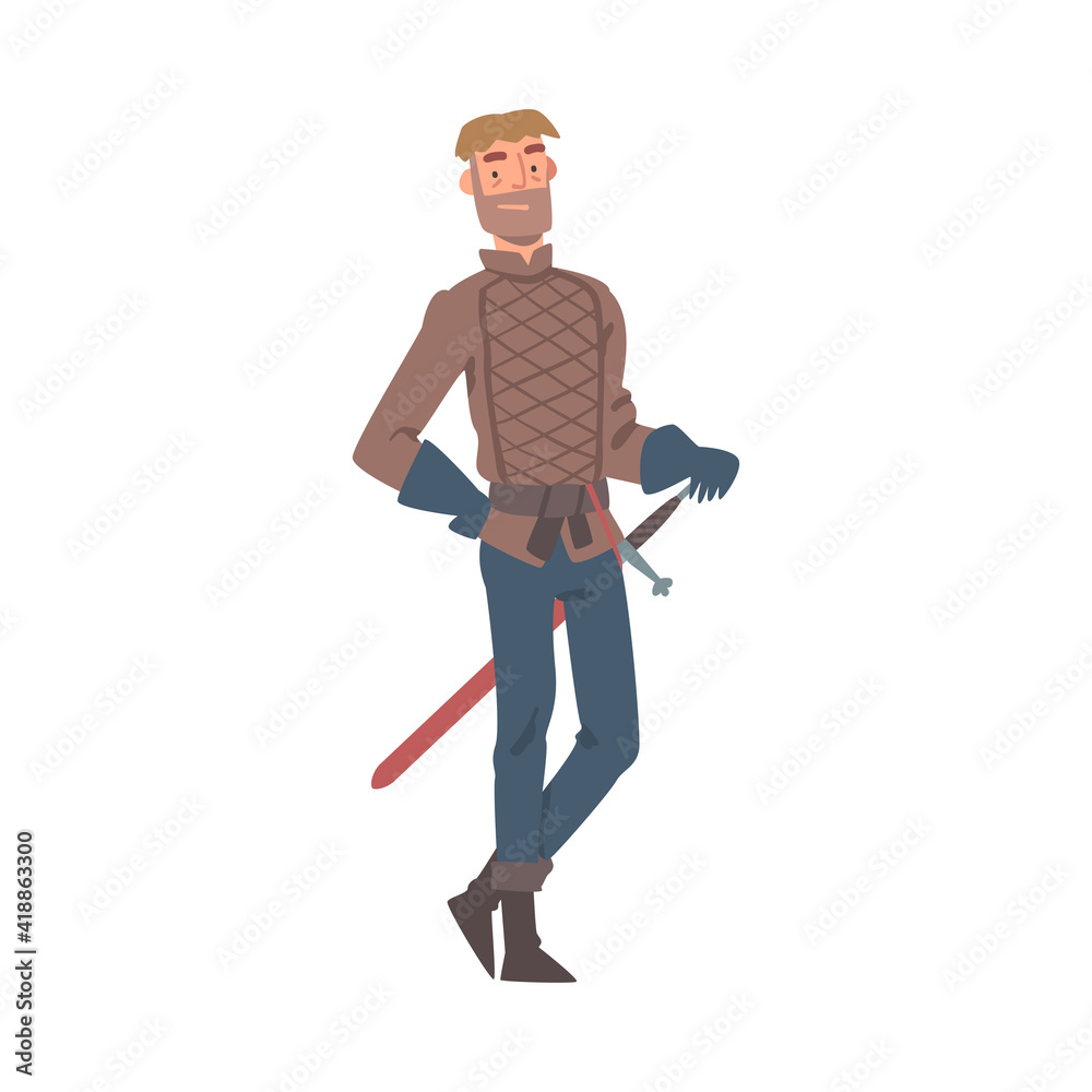 Knight in Gloves Standing with Sharp Sword Vector Illustration