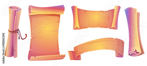 Cartoon parchment rolls, blank scrolls and paper banners, open and convolute antique manuscript or vintage papyrus, old map or document isolated on white background, vector illustration, icons set