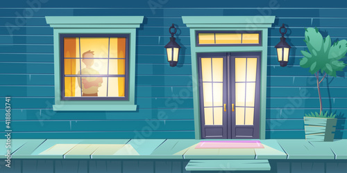 Lonely man with crossed arms stand at window look on night street. Male character at home, outside view with entrance cottage door and glow lanterns. Loneliness, melancholy Cartoon vector illustration