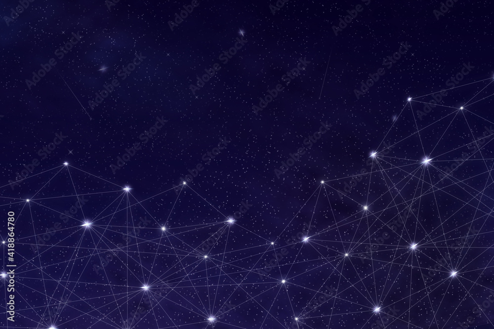 Internet connection grid, against the background of the starry sky. Abstract geometric background with connected dots. Copy space.