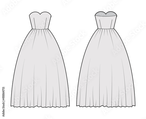Crinoline dress technical fashion illustration with strapless sweetheart neckline, long floor length, full skirt. Flat apparel template front, back, grey color style. Women, men unisex CAD mockup