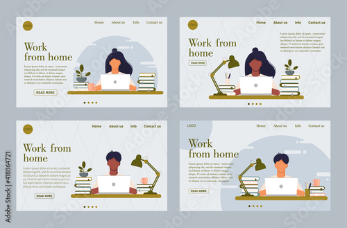 Freelance work. A set of websites. Customer support chat and work from home. Men and girls at the computer. Work from home concept. Landing page template. Vector stock illustration.