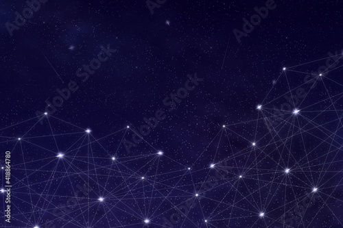 Internet connection grid, against the background of the starry sky. Abstract geometric background with connected dots. Copy space.