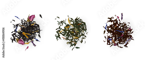 Tea heaps top view, assortment of dry leaves and flowers isolated on white background. Red, green, black herbal dried fresh beverages. Healthy, organic drink, Realistic 3d vector illustration, set