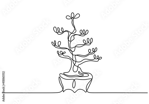 Decorative bonsai tree in pots continuous one line drawing. Old beauty exotic little bonsai tree for home art wall decor. Ancient potted plant minimalist style on white background.