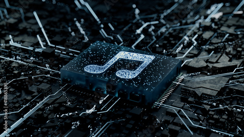 Audio Technology Concept with music symbol on a Microchip. Data flows from the CPU across a Futuristic Motherboard. 3D render.