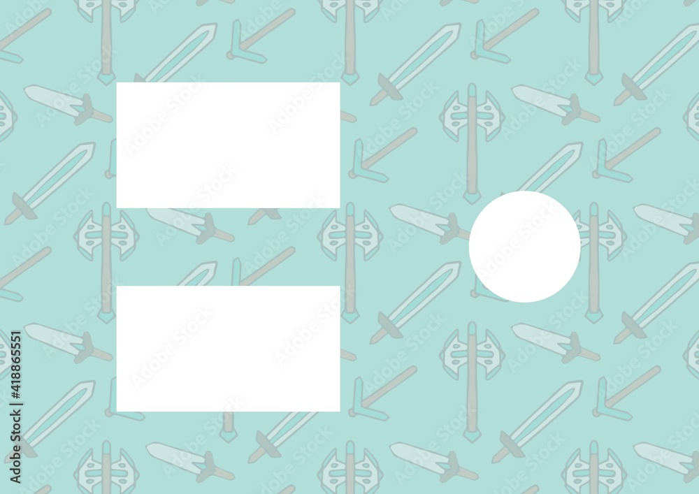 Composition of repeated sword and axe design on pale blue with rectangular and circular copy spaces Composition of repeated sword and axe design on pale blue with rectangular and circular copy spaces