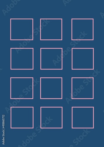 Twelve pink outlined frames with copy space on blue background
