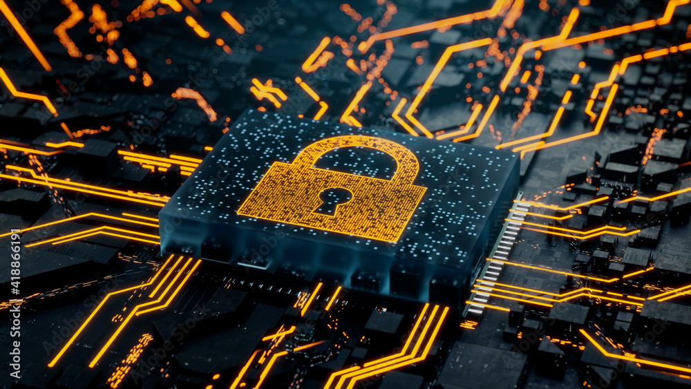 Security Technology Concept with lock symbol on a Microchip. Data flows ...