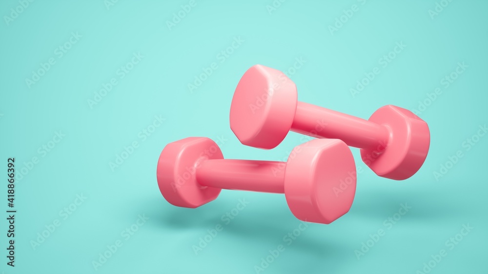 3D Rendering Pink Dumbbells for sports isolated on blue background 3D Rendering Pink Dumbbells for sports isolated on blue background