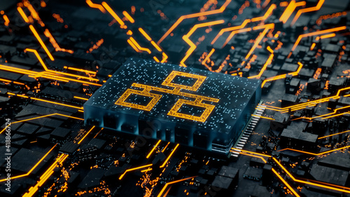Network Technology Concept with ethernet symbol on a Microchip. Data flows from the CPU across a Futuristic Motherboard. 3D render. photo