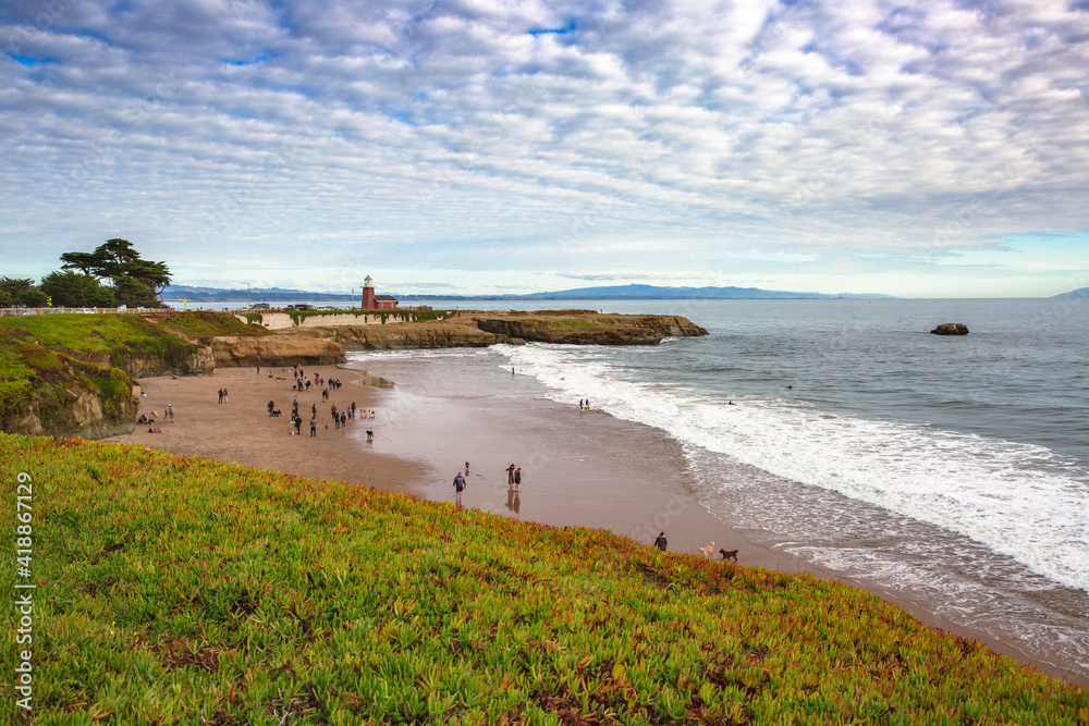 The Pacific Ocean coast in the city of Monterey in California. United States of America. Beautiful beach on a sunny day. Ocean landscape.