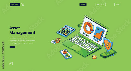 Asset management isometric landing page. Financial analytics concept, laptop and mobile phone with analysis data charts on screen, money investment strategy, finance app, 3d vector line art web banner