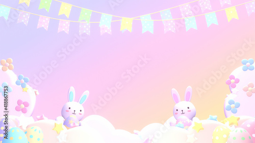 Cute cartoon Easter bunny and flowers. 3d rendering picture.