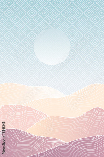 Japanese Mountain layout design in minimalist oriental style. Vector banner with polygonal landscape illustration. Chinese background with line pattern vector. Abstract template with geometric pattern
