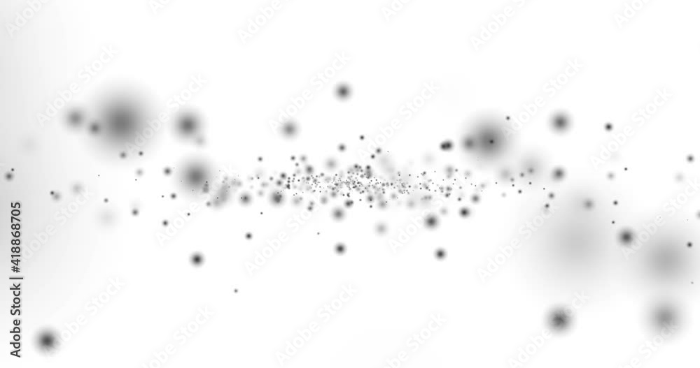 Black blurred circles bokeh flying on white background. Motion animation of blurred circles. Defocused effect. Horizontal composition, 4k video quality