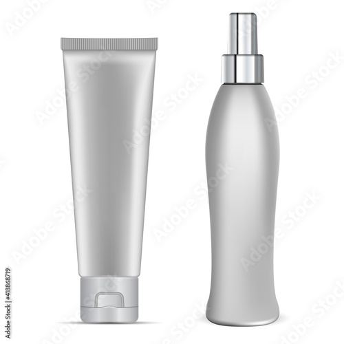 Shampoo bottle, cream tube silver cosmetic package. Shower gel plastic container vector blank. Bath gygiene collection set, realistic beauty lotion glossy plastic pack. Skin care cteam tube