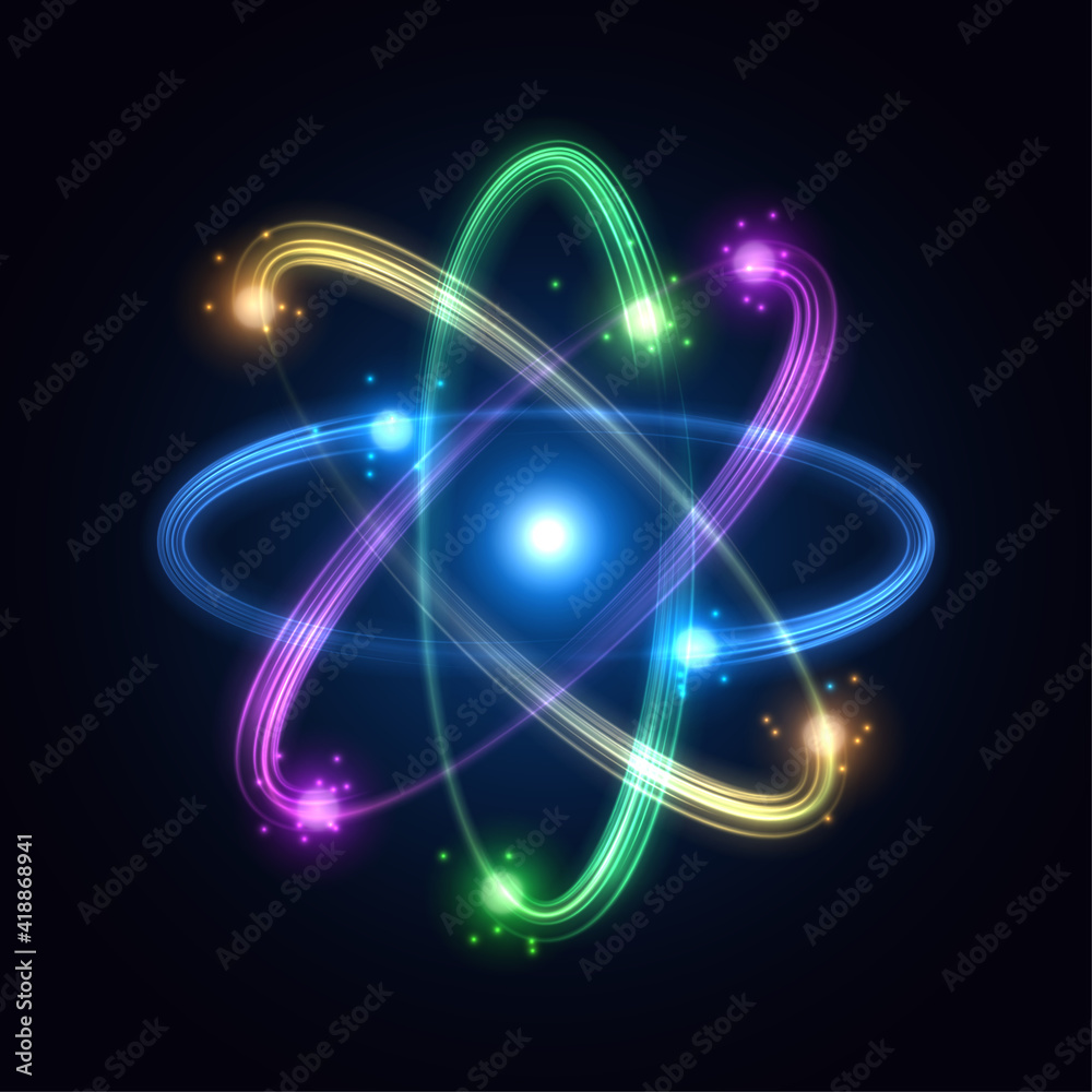 Colorful atom from particles. Vector illustration - obrazy, fototapety, plakaty 