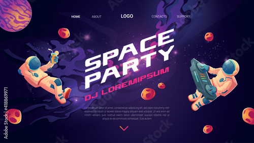 Space party cartoon flyers, invitation to music show with astronaut dj with turntable in open space, spaceman mixing techno sounds, cosmos, galaxy posters free drinks and parking Vector illustration