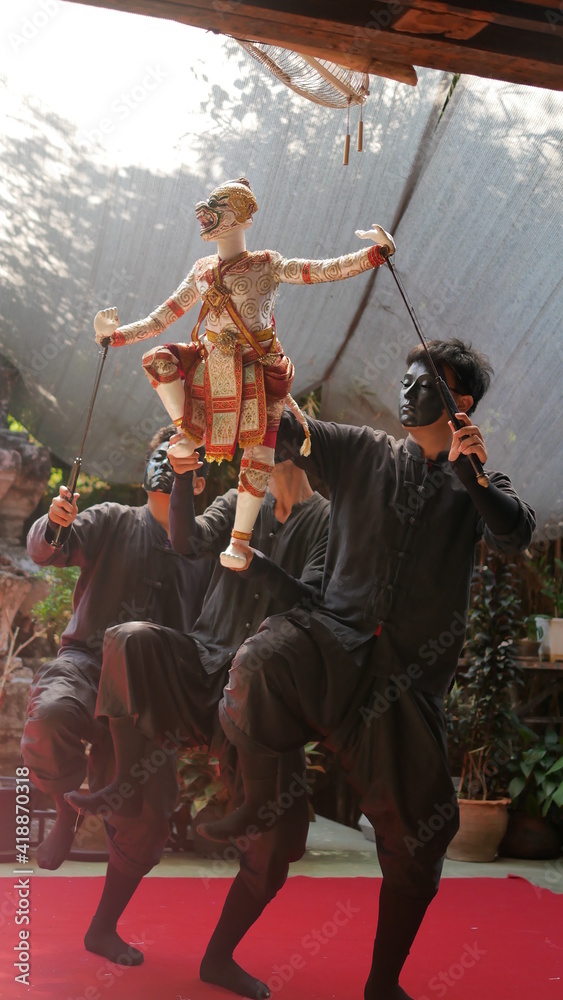 March 6 2021 - Bangkok, Thailand : Thai traditional handcrafted puppet shows at Baan Silapin Artist's House, the historic canal Klong Bang Luang.