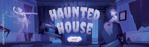 Haunted house banner with cartoon illustration of ghosts in old abandoned living room with broken furniture at night. Vector landing page of Halloween party or scary show with spirits