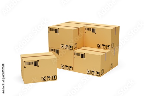 Stack of carton cardboard boxes with single cardboard box in front over white background, freight, cargo, delivery or storage concept