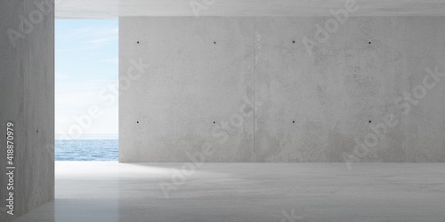 Abstract empty, modern concrete room with opening with ocean view on the back wall and rough floor - industrial interior background template