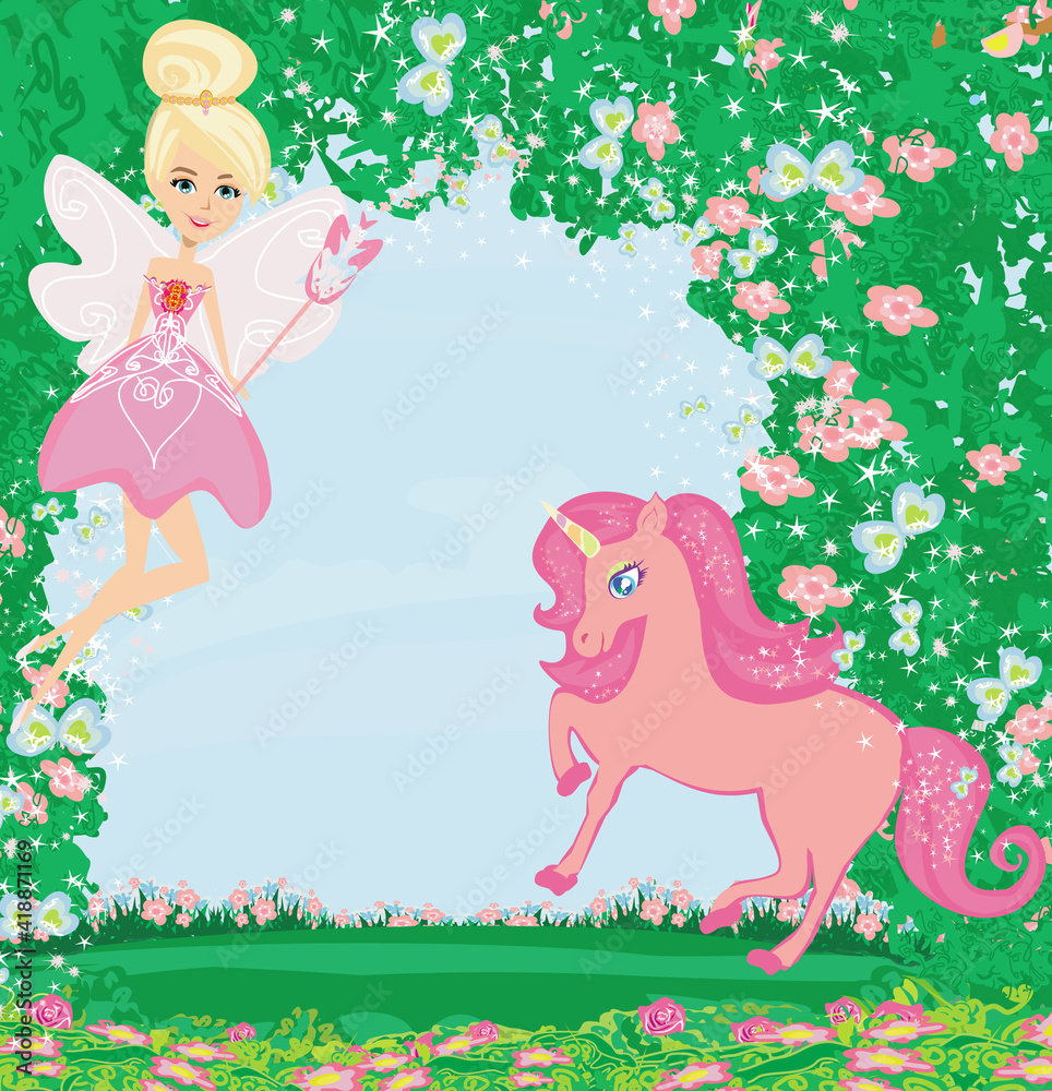 Fototapeta premium floral frame with a beautiful fairy and unicorn