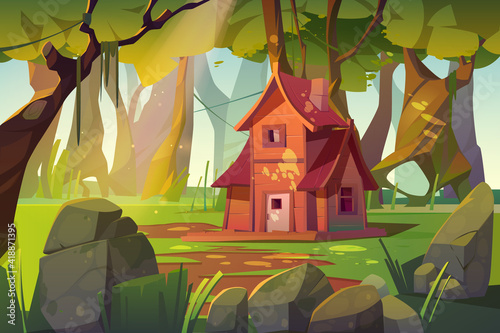 Wooden house in summer forest. Old shack in deep wood with falling sun beams among green trees and rocks around. Uninhabited forester or witch hut, pc game background, Cartoon vector illustration