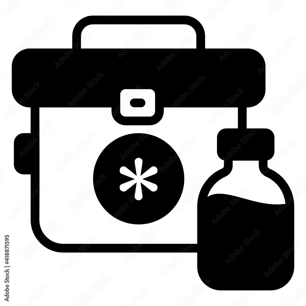 Bag with bottle denoting solid icon of first aid kit
Bag with bottle denoting solid icon of first aid kit