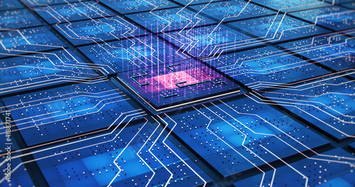 Server Computer Processors On Motherboard. Futuristic Technology. Electrical Signals Flowing. Computer And Technology Related 4K 3D Illustration Render